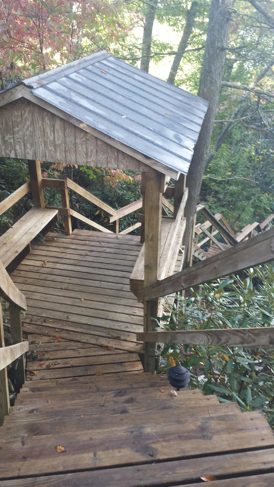 Metal roofed shelter over wooden steps on a wooded walkway — Skylight Repair & Installation work by our crew in Lone Jack